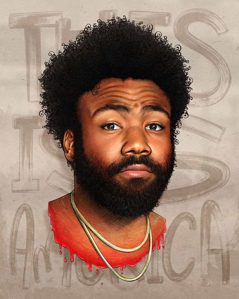 Childish Gambino aka Donald Glover portrait art illustration with typographic background